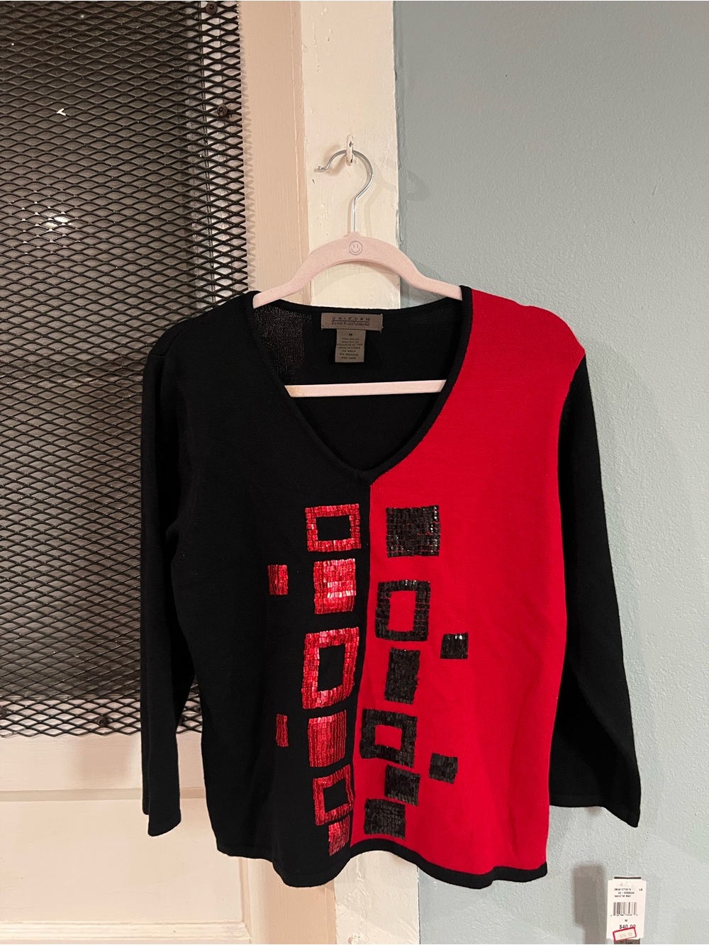 JohnPaulRichard Black & Red V-Neck Long Sleeve Top with Sequin Squares